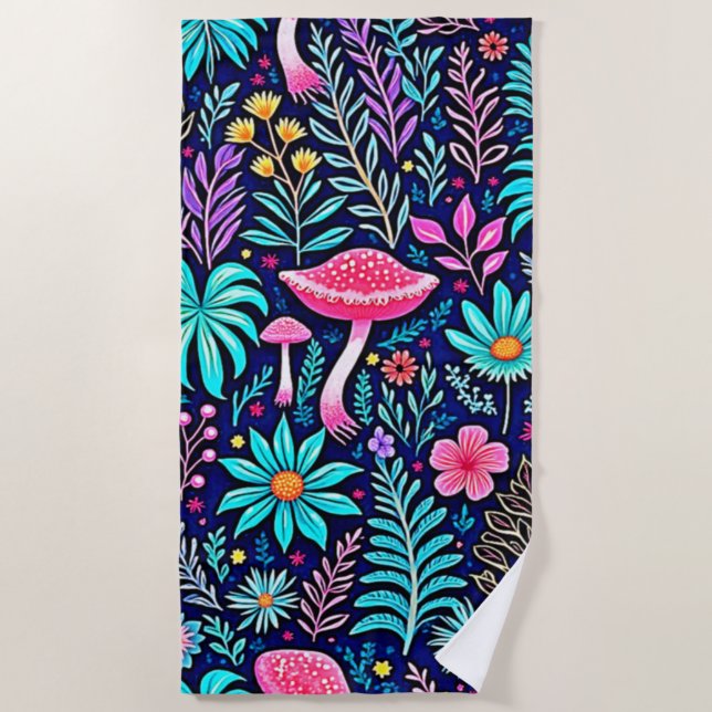 Toalha De Praia Neon Psychedelic Mushroom Forest Dream (Frente)