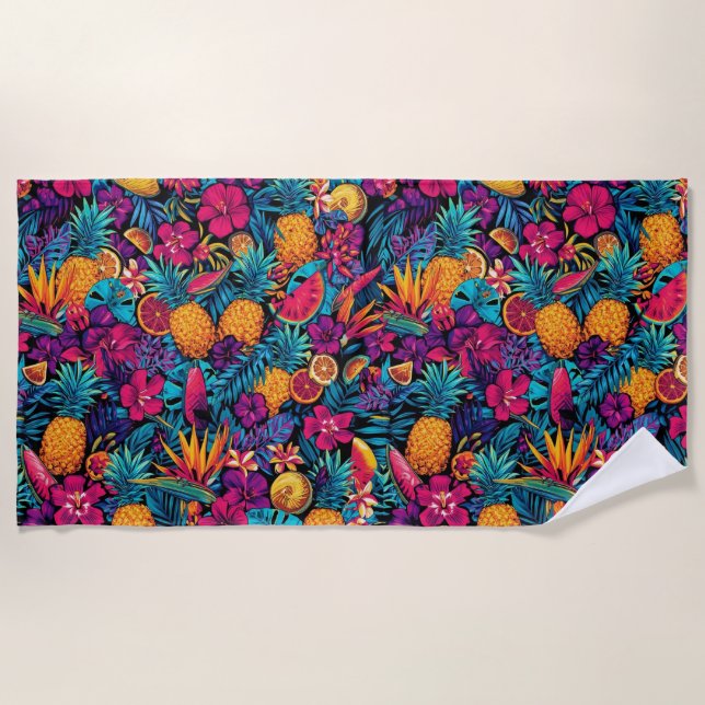 Toalha De Praia Neon Tropical Fruit Flower Beach Towel - Pineapple (Frente)