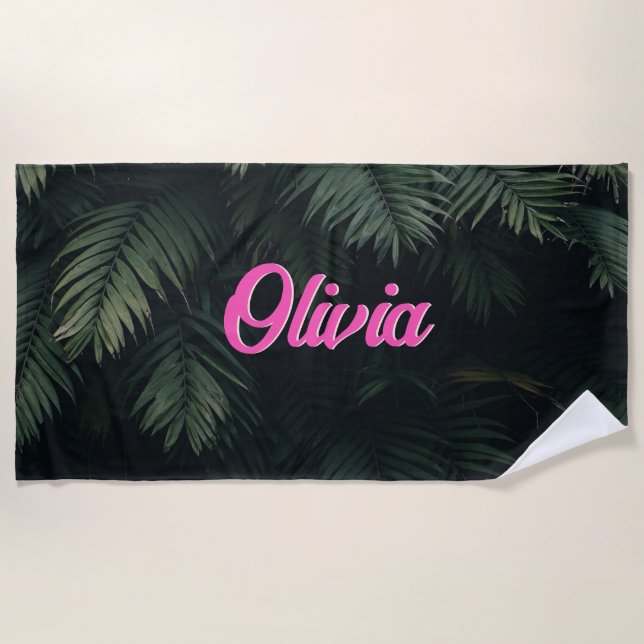 Toalha De Praia Neon Tropical Palms Custom Name Bachelorette (Frente)