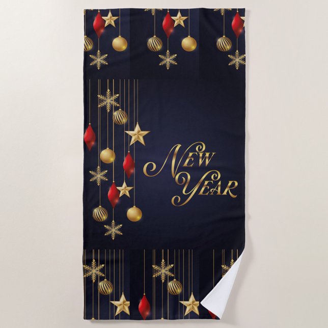 Toalha De Praia New Year Beach Towel (A dark blue towel with a New Year's design. )