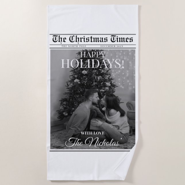 Toalha De Praia Newspaper What A Year Black White Photo Christmas (Frente)