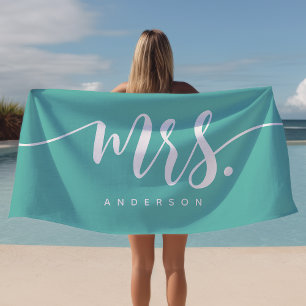 Toalha De Praia Noiva Recém-Casada Senhora Teal E Branco Personali