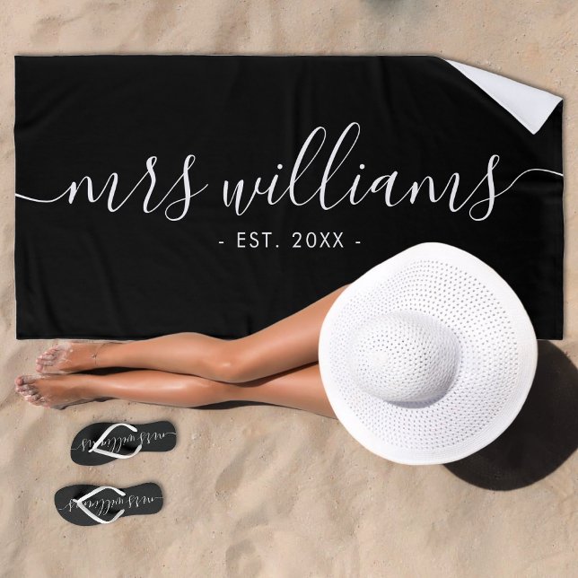 Toalha De Praia Noiva Senhora Casamento Preto e Branco (Black & White Mrs Bride Wedding Beach Towel)