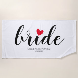 Toalha De Praia Noiva Texto Simples com Personalizado Coração Verm