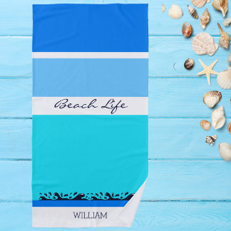 Toalha De Praia Nome Blue Ocean Strips Chic