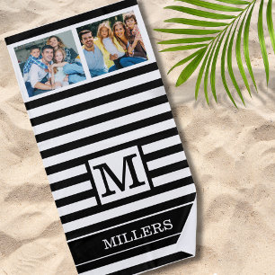 Toalha De Praia Nome da Família Monograma 2 Foto Listra Preta e Br