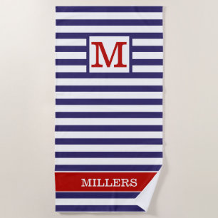 Toalha De Praia Nome da Família Monogramas Red Blue Cabana Stripe