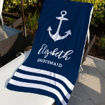 Toalha De Praia Nome da ponte personalizada de âncora de Marinho n<br><div class="desc">A toalha náutica personalizada apresenta um design de listras litorais simples,  marinho azul e branca,  com âncora de barco. Personalize o texto do monograma personalizado com um nome próprio na escrita moderna e "Bridesmaid" ou outro título do partido noivado.</div>