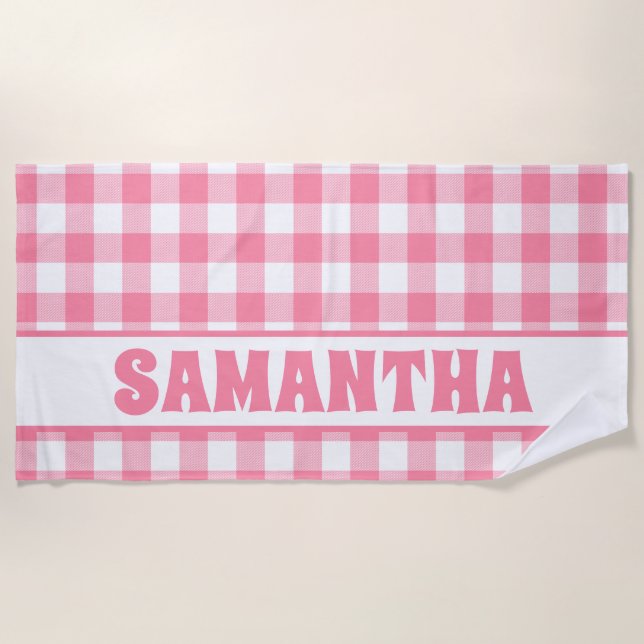 Toalha De Praia Nome das Xadrezes de Gingham Rosa Personalizadas (Frente)