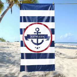 Toalha De Praia Nome de Âncora Náutica Listras Azul-Marinho