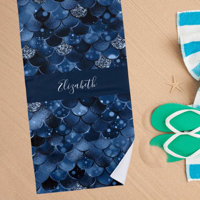 Toalha De Praia nome de escalas de sereia azul marinho (Criador carregado)