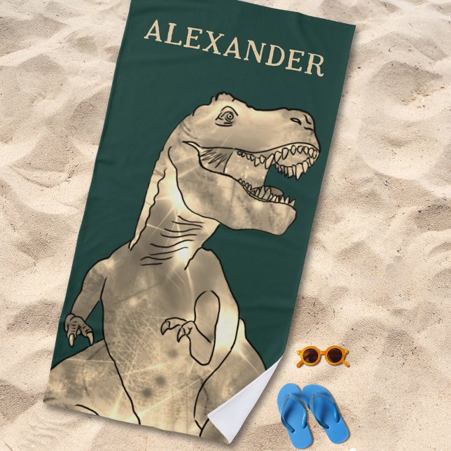 Toalha De Praia Nome de Menino Personalizado Dinossauro (T-Rex dinosaur boys custom name beach towel for dino lovers)