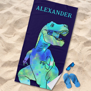 Toalha De Praia Nome de Menino Personalizado Dinossauro Azul