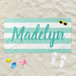 Toalha De Praia Nome de Script Striped Azul Aqua Personalizado