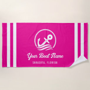 Toalha De Praia Nome do Barco Personalizado Elegante Náutico Rosa 