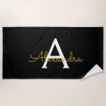 Toalha De Praia Nome do Monograma Rapariga de Script Moderno Doura<br><div class="desc">Monograma preto e Dourado: Toalha de praia. Isto faz o doce e perfeito aniversário de 16 anos,  casamento,  chá de panela,  aniversário,  chá de fraldas ou festa de solteira presente para alguém que ama luxo de luxo e estilos quíticos.</div>