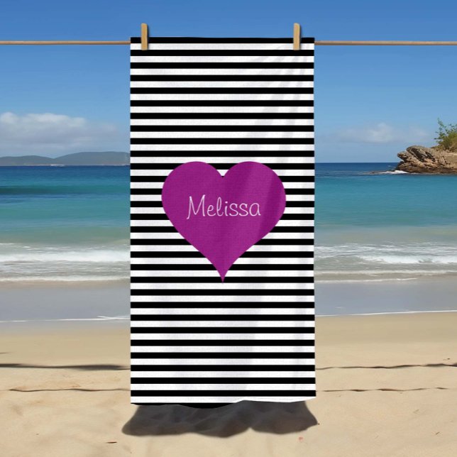 Toalha De Praia Nome do Padrão de Listras Brancas e Pretas (LOVE Pink Heart Black & White Stripes Pattern Name Beach Towel)