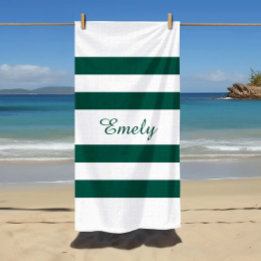 Toalha De Praia Nome do Padrão de Listras Brancas Verdes Elegantes