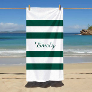 Toalha De Praia Nome do Padrão de Stripes Brancas Verdes Elegante