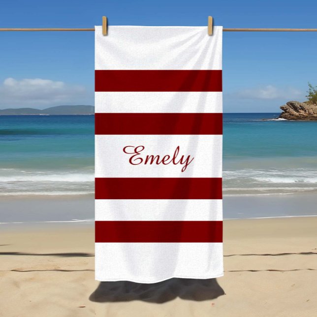 Toalha De Praia Nome do Padrão Moderno Elegante de Stripes de Borg (Modern Elegant Burgundy  Stripes Pattern Name Beach Towel)