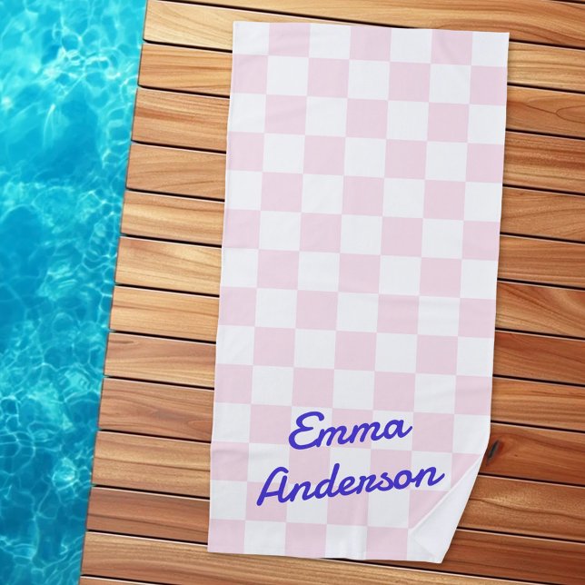 Toalha De Praia Nome do retrorreflector rosa claro branco padrão d (Retro name light pink white checkerboard pattern beach towel)