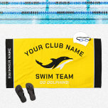 Toalha De Praia Nome do Swimmer da Equipe de Natação Amarela Perso<br><div class="desc">Design de toalha de piscina personalizada da equipe de natação para nadadores apresenta texto personalizado para o primeiro e sobrenome do nadador, nome do clube da natação e mascote ou outro texto. Adicione o logotipo da sua equipe à imagem de marcador de posição do golfinho. O esquema de cores de...</div>