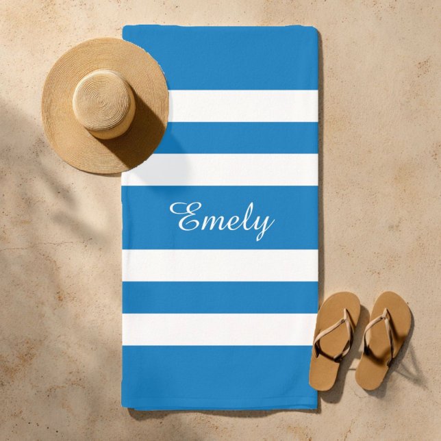Toalha De Praia Nome Moderno Piscina Azul Francês (Modern Name French Blue Striped Pool Beach Towel)