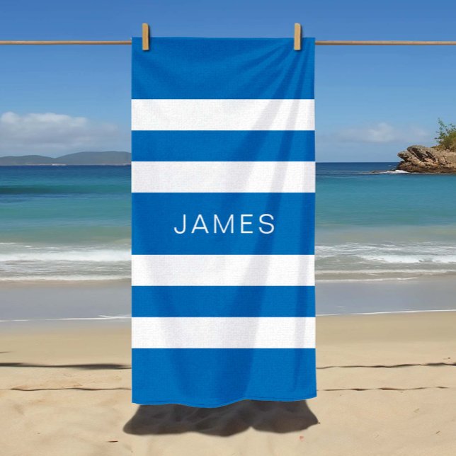 Toalha De Praia Nome Moderno Piscina Azul Francês (Modern Name French Blue Striped Pool Beach Towel)