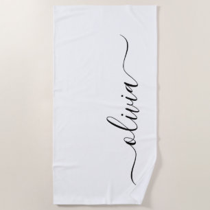 Toalha De Praia Nome Monograma Feminino Moderno Preto Branco Scrip