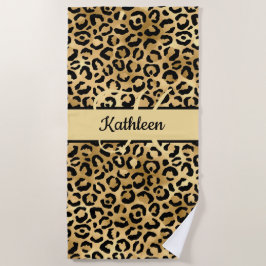 Toalha De Praia Nome Monograma Preto Dourado Estampa Leopardo Guep