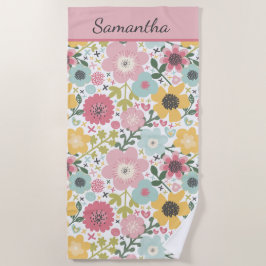 Toalha De Praia Nome Monograma Rosa Amarelo Azul Floral 