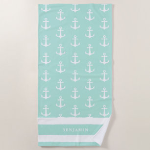 Toalha De Praia Nome Personalizado Anchor Branco Azul Aqua Costeir