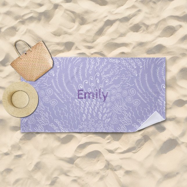 Toalha De Praia Nome personalizado Beach Towel - Sea Shell & Coral (Purple Ocean Scene Beach Towel)