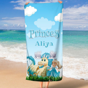Toalha De Praia Nome Personalizado da Princesa Azul e Dragão