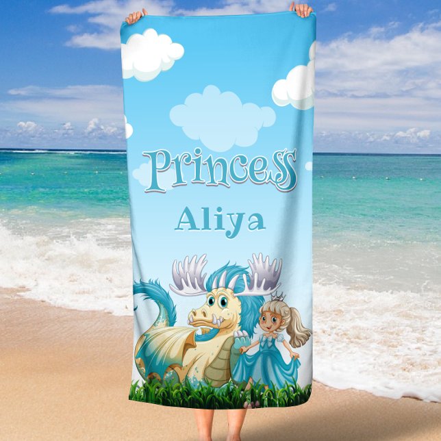 Toalha De Praia Nome Personalizado da Princesa Azul e Dragão (Blue Princess and Dragon Custom Name Beach Towel)