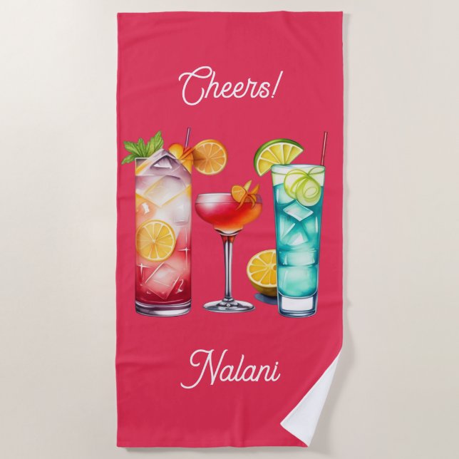 Toalha De Praia Nome personalizado de cocktails tropicais (Frente)