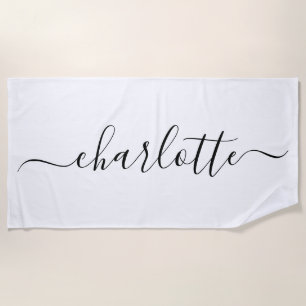 Toalha De Praia Nome Personalizado de Letra Cursiva Moderna Branco