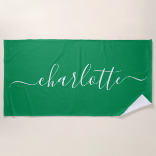 Toalha De Praia Nome Personalizado de Letra Cursiva Verde Kelly Fo