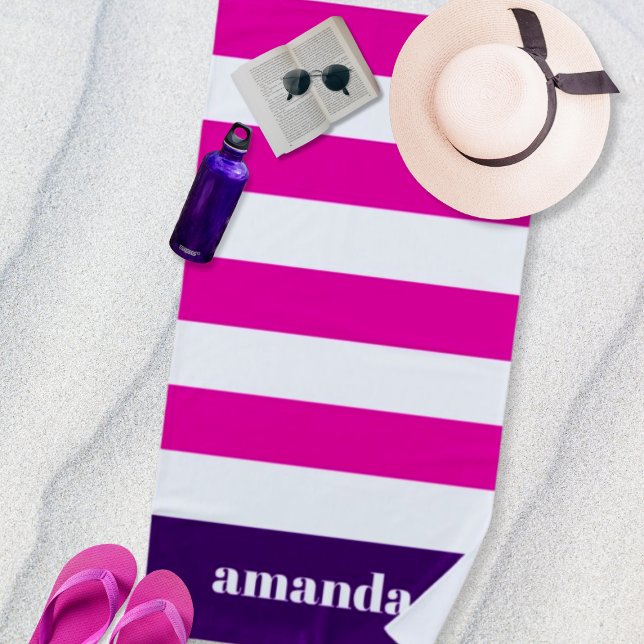 Toalha De Praia Nome Personalizado de Listras Brancas a Quente (Criador carregado)