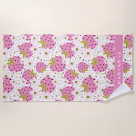Toalha De Praia Nome Personalizado de Morangos Rosa