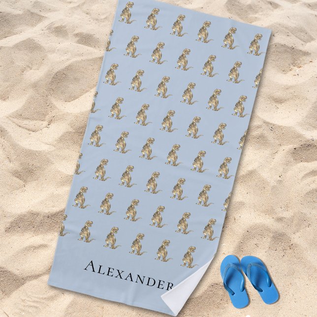 Toalha De Praia Nome personalizado Dinossauro Azul (Personalised boy name dinosaur blue beach towel kids Jurassic T-Rex dino pattern with monogram name )