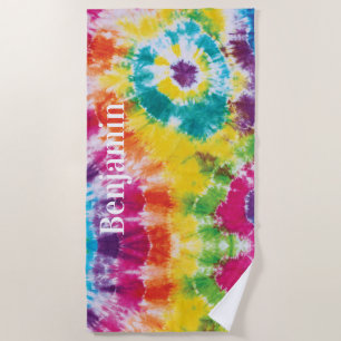 Toalha De Praia Nome Personalizado do Colorido Rainbow Tie Dye