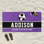 Toalha De Praia Nome Personalizado do Jogador de Futebol Roxo<br><div class="desc">Design de toalha de praia personalizada para crianças e adolescentes apresenta uma bola de futebol personalizada com o número uniforme do jogador, texto personalizado para o primeiro ou sobrenome do jogador e texto moderno para o nome do time do futebol. Faz um presente de favor único para torneios e festas...</div>