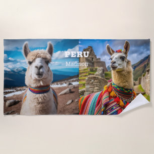 Toalha De Praia Nome personalizado e texto Peru Llama