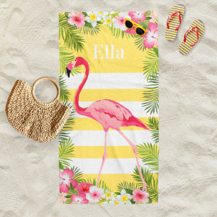 Toalha De Praia Nome Personalizado Flamingo Floral do Amarelo Trop