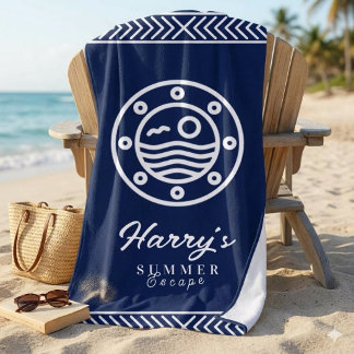 Toalha De Praia Nome Personalizado Náutico Olho de Boi Azul Marinh