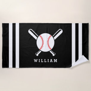 Toalha De Praia Nome Personalizado Stripes Negras de Baseball