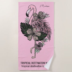 Toalha De Praia Nome Personalizado, Texto e Cor Rosa Flamingo