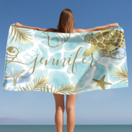 Toalha De Praia Nome Personalizado Tropical da Tartaruga Dourada