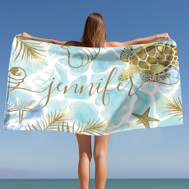 Toalha De Praia Nome Personalizado Tropical da Tartaruga Dourada (Gold Turtle Tropical Personalized Name Beach Towel)